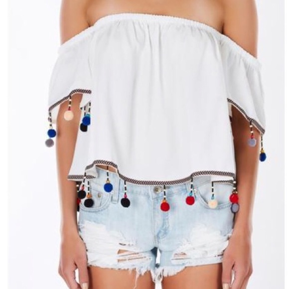 White Off Shoulder Pom Pom Bead Boho Blouse - Picture 1 of 3